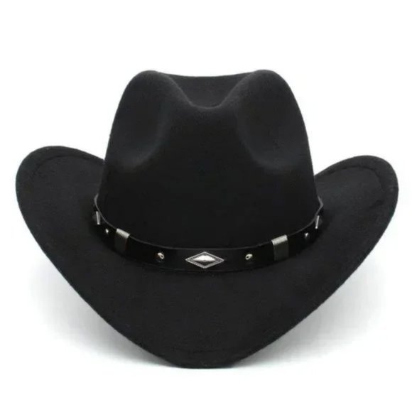 NEW Black Silver Stud Leather Band Embellished Felt Cowboy Cowgirl Western Hat - Picture 2 of 12